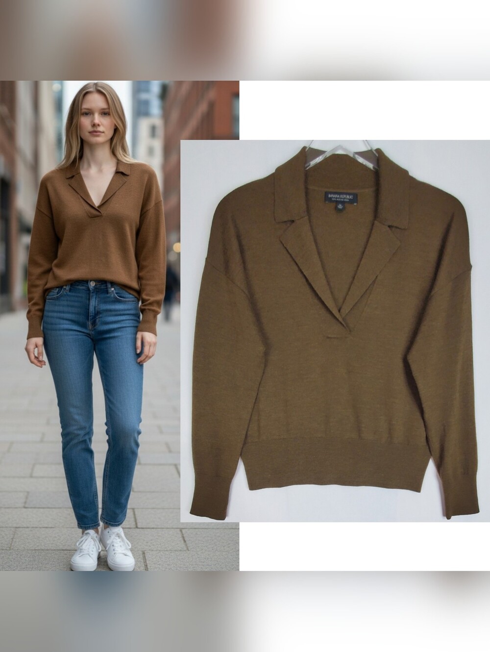 Banana Republic medium Bella merino wool knit sweater polo long sleeves brown